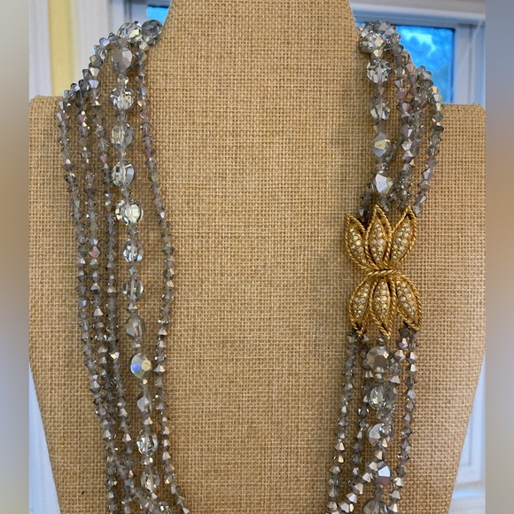 Multi-Strands Crystals‎ Beaded Necklace with Fancy Clasp Side Pendant Vintage - Picture 11 of 13